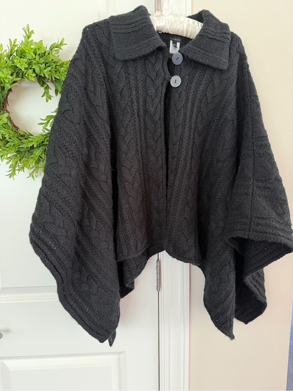 Talbots Black Cable-Knit Button-Front Poncho